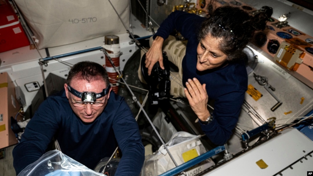 In this photo provided by NASA, astronauts Butch Wilmore, left, and Suni Williams inspect safety hardware aboard the International Space Station on Aug. 9, 2024.