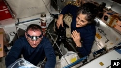 In this photo provided by NASA, astronauts Butch Wilmore, left, and Suni Williams inspect safety hardware aboard the International Space Station on Aug. 9, 2024.