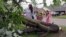 Deanna Locke, 17, and her siblings including, from left, Charlotte, Drew, and Trinity examine a downed tree across the street from their home in Tupelo, Mississippi, after a suspected tornado moved through town, April 28, 2014.