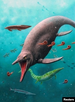 یک تصویر نقاشی شده از آنچه که ایکتیوسورها یا ماهی خزنده‌سانان ممکن بود به آن شبیه باشند.