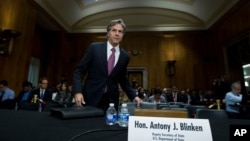 FILE - Deputy Secretary of State Antony Blinken arrives on Capitol Hill in Washington, Sept. 29, 2016, to testify before the Senate Foreign Relations Committee.