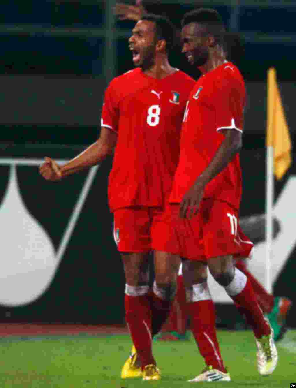 Iyanga of Equatorial Guinea celebrates after scoring against Senegal during their African Nations Cup Group A soccer match at Estadio de Bata