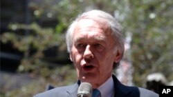 FILE - U.S. Sen. Ed Markey D-Mass., addresses a gathering in Boston, July 6, 2017.