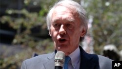 FILE - U.S. Sen. Ed Markey D-Mass., addresses a gathering in Boston, July 6, 2017.