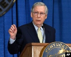 Senate Majority Leader Mitch McConnell of Ky. speaks during the Kentucky Farm Bureau Country Ham Breakfast, Aug. 24, 2017, in Louisville, Ky.