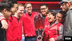 Maryville University of St. Louis celebrates their victory at the 2017 League of Legends College Championsips (Courtesy of Riot Games)