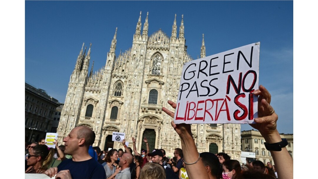 Protesters rally in Piazza Duomo in Milan, Italy, July 24, 2021, against the introduction of a mandatory "green pass" for indoor dining and entertainment areas aiming to limit the spread of the COVID-19.