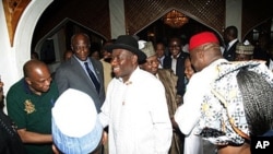 Nigerian President Goodluck Jonathan (C), accompanied by his running mate Arc Namadi Sambo (Behind), is congratulated by Cabinet members after being declared winner of the presidential election, in Abuja (File Photo - April 18, 2011)