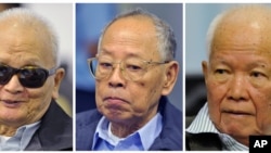This combination of three photos released by Extraordinary Chambers in the Courts of Cambodia, shows from left to right: Nuon Chea, former Khmer Rouge's chief ideologist and the No. 2 leader, Ieng Sary, former Khmer Rouge foreign minister, and Khieu Samphan,f ormer Khmer Rouge head of state, during a trial for former Khmer Rouge top leaders, in Phnom Penh, Cambodia, Monday, Nov. 21, 2011. The three top Khmer Rouge leaders accused of orchestrating Cambodia's "killing fields" went on trial Monday before a U.N.-backed tribunal more than three decades after some of the 20th century's worst atrocities.