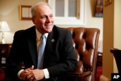 FILE - House Majority Whip Steve Scalise, R-La. speaks during an interview in his offices at the U.S. Capitol Building in Washington, March 24, 2015.