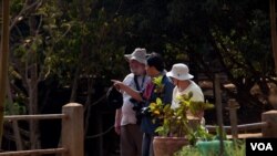 Mr. So Phal, tourist guide from Battambang province, is guiding tourists inside Coffee Resort on March 11, 2015 in Mondulkiri province, Cambodia. (Nov Povleakhena/VOA Khmer)