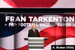 Former Vikings football quarterback Fran Tarkenton speaks to delegates at the Republican National Convention, in Cleveland, July 21, 2016.