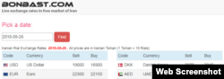 This is a screenshot of the Bonbast.com website that tracks Iran’s unofficial exchange rates. It showed the Iranian currency at a record low of 19,000 tomans, or 190,000 rials, to the dollar on Sept. 26, 2018.