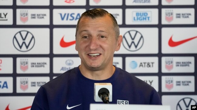 Head Coach Vlatko Andonovski speaks to reporters during the 2023 Women's World Cup media day for the United States Women's National Team in Carson, Tuesday, June 27, 2023. (AP Photo/Ashley Landis)