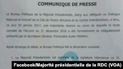 Communiqué de la majorité présidentielle de la RDC, 3 décembre 2017