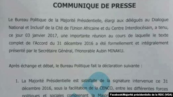 Communiqué de la majorité présidentielle de la RDC, 3 décembre 2017