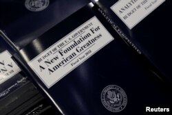 A copy of President Donald Trump's Fiscal Year 2018 budget is on display on Capitol Hill in Washington, May 23, 2017.