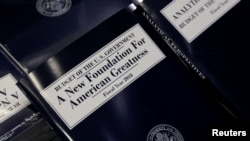 A copy of President Donald Trump's Fiscal Year 2018 budget is on display on Capitol Hill in Washington, May 23, 2017. 