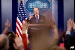 White House press secretary Sean Spicer talks to the media during the daily press briefing at the White House in Washington, March 8, 2017.