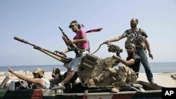 Rebel fighters search for Libyan leader Moammar Gadhafi's forces in Tripoli, August 26, 2011