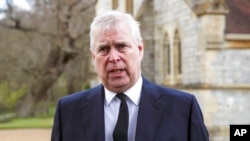 FILE - Britain's Prince Andrew speaks during a television interview at the Royal Chapel of All Saints at Royal Lodge, Windsor, England, April 11, 2021. 