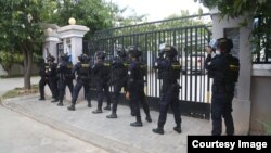 The Phnom Penh Gendarmerie forces on guard outside a gated community in Sen Sok district's Borey Angkor Phnom Penh, Cambodia, March 1, 2021. (Photo courtesy of Phnom Penh Gendarmerie)