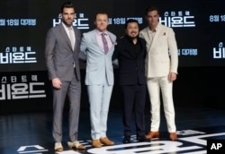 Director Justin Lin, second right, poses with actors, from left, Zachary Quinto, Simon Pegg and Chris Pine, during a promotional event for their latest film "Star Trek Beyond" in Seoul, South Korea, Aug. 16, 2016.