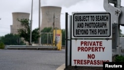 FILE - The front entrance of the Three Mile Island Nuclear power plant is shown in Dauphin County, Pennsylvania, May 30, 2017. 