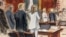 In this courtroom sketch, prospective jurors file into the courtroom as Donald Trump, third left, stands surrounded by his defense team. E. Jean Carroll, background second from right, stands with her attorney Roberta Kaplan, Tuesday, Jan. 16, 2024, in New York. 