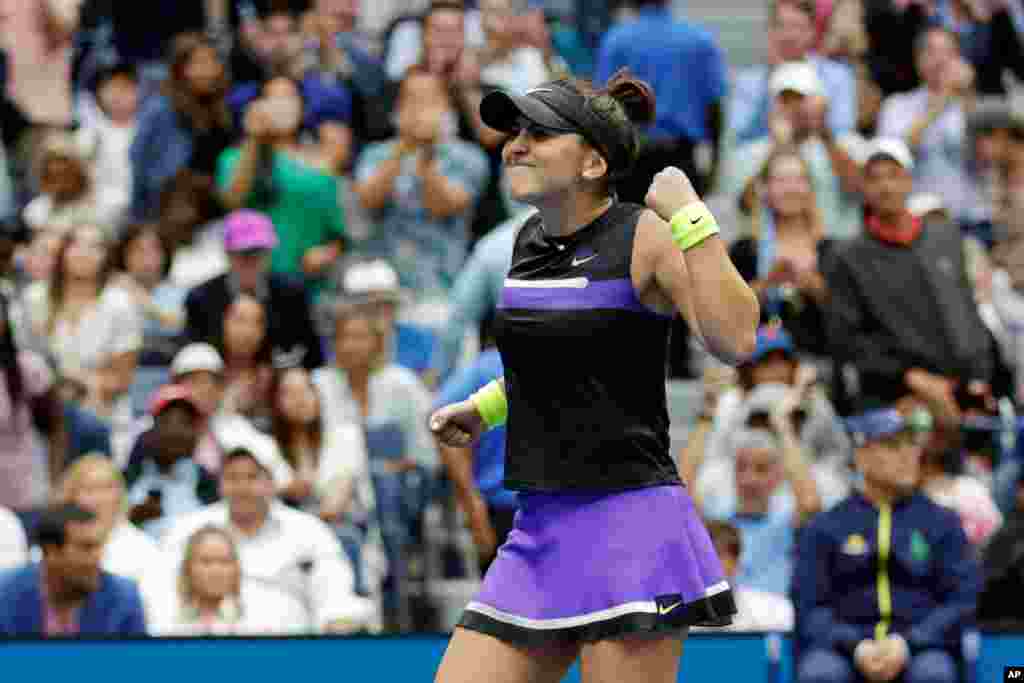 Bianca Andreescu of Canada, reacts after defeating Serena Williams of the United States, in the women&#39;s singles final of the U.S. Open tennis championships, Sept. 7, 2019, in New York.