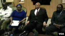 Social Services Minister Priscah Mupfumira (center), Health Minister David Parirenyatwa (right) and Speaker of Parliament Jacob Mudenda.