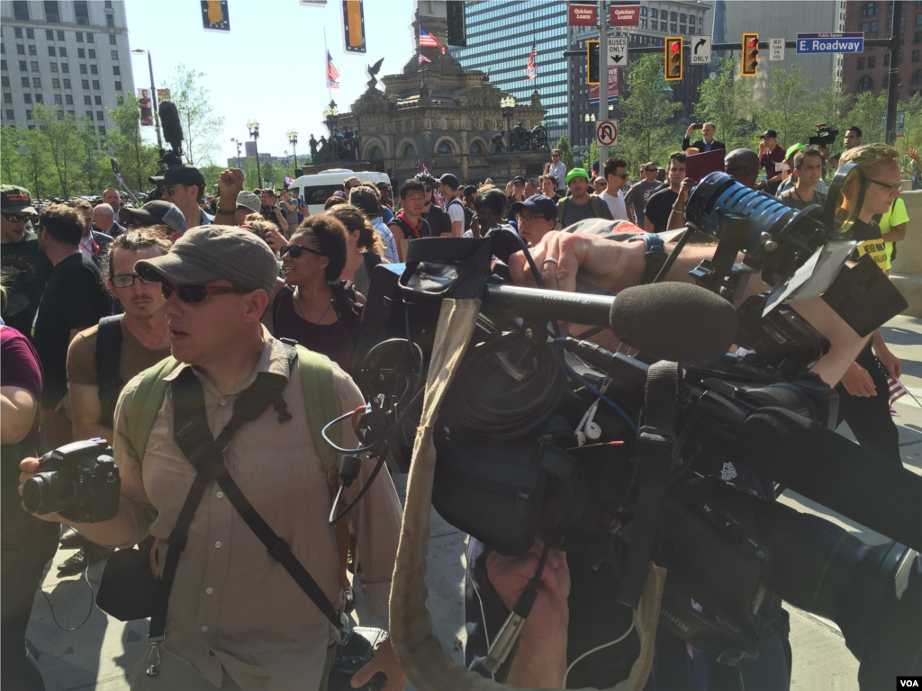 Protest crowd grows on day 2 of the Republican convention, July 19, 2016 (VOA/Mia Bush