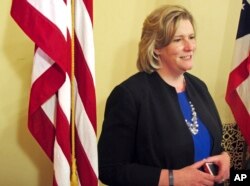 FILE – In this April 1, 2015, photo, Dayton, Ohio, Mayor Nan Whaley addresses reporters during a news conference in Columbus, Ohio.