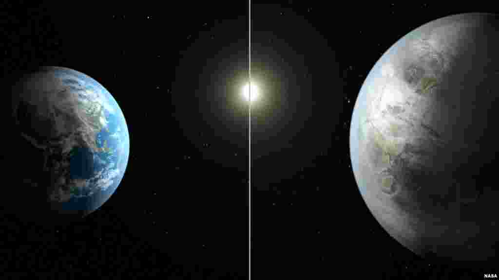 The artistic concept compares Earth (left) to the new planet, called Kepler-452b, which is about 60 percent larger. The illustration represents one possible appearance for Kepler-452b -- scientists do not know whether the planet has oceans and continents like Earth. (Image credit: NASA/Ames/JPL-Caltech/T. Pyle)