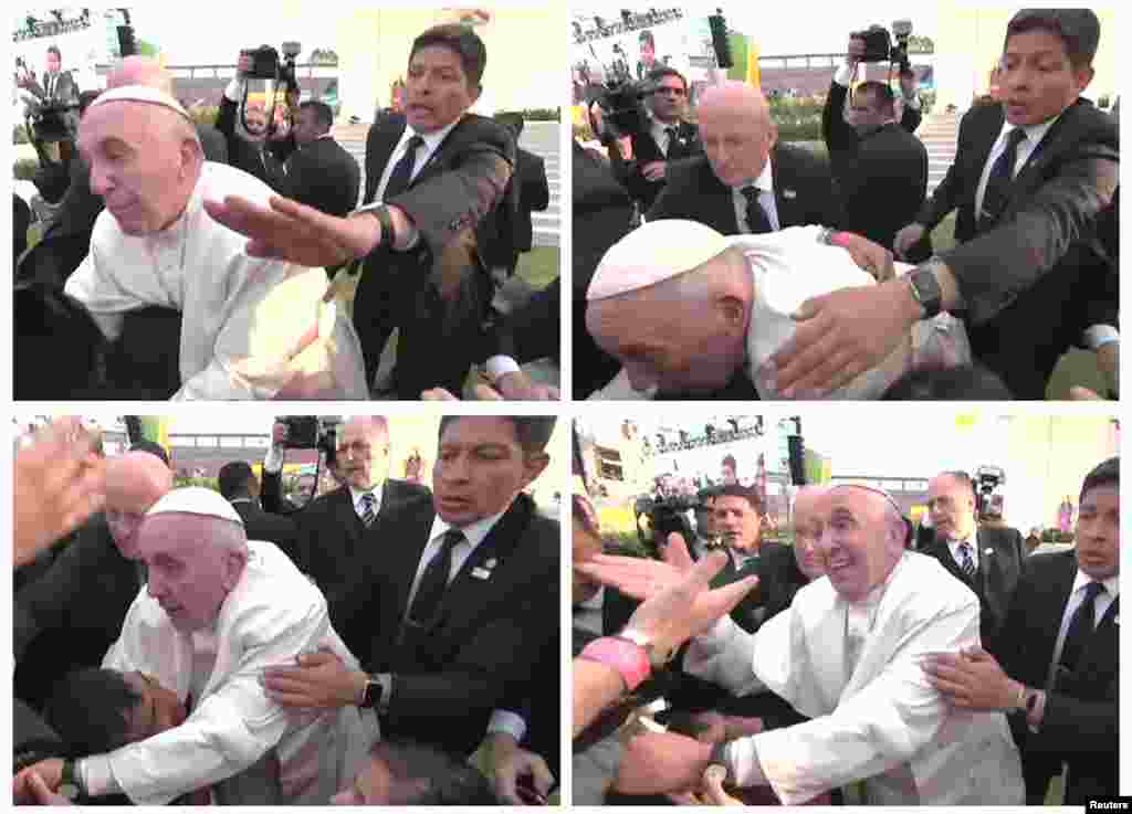 Pope Francis is pulled toward the crowd, over a child in a wheelchair, during a visit to a stadium in Morelia, Mexico, Feb.16, 2016. This succession of still images come from pool video. Pope Francis, who is usually calm and accommodating with his admirers, clearly lost his temper with a person who pulled on him so hard that he fell onto a child in a wheel chair. Aides and security men stopped the pope from falling to the ground. After he returned to an upright position, he looked at the person, raised his voice and said twice in Spanish: "Don't be selfish!".