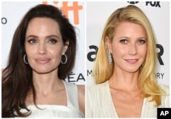 FILE - This combination photo shows actresses Angelina Jolie at the Toronto International Film Festival on Sept. 10, 2017, left, and Gwyneth Paltrow in Los Angeles on Oct. 29, 2015.