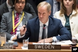 Swedish Ambassador to the U.N. Olof Skoog speaks during a Security Council meeting on the situation in Syria, April 7, 2017, at United Nations headquarters.