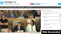 A screenshot from the UN Web TV shows Jarrod Clyne, deputy permanent representative of New Zealand, talks during 38th Regular Session Human Rights Council, June 19, 2018. (Web screenshot)