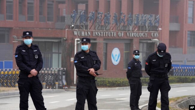 当世卫组织新冠病毒源头调查组视察武汉的中国科学院病毒研究所期间，中国保安人员在研究所外站岗。 （2021年2月3日）
