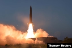 A view of North Korea's missile launch Thursday, in this undated picture released by North Korea's Central News Agency, July 26, 2019.