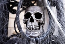 A skull and spiderwebs are part of a Halloween display in front of an Upper East Side home on Oct. 30, 2020, in New York City.
