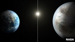 Gambar ilustrasi artistik yang membandingkan planet Bumi (kiri) dengan planet baru yang disebut Kepler-452b, yang lebih besar sekitar 60 persen dari bumi (Image credit: NASA/Ames/JPL-Caltech/T. Pyle)