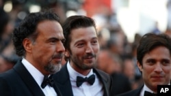 En esta fotografía de archivo del 23 de mayo de 2017, el director Alejandro González Iñárritu, izquierda, y los actores Diego Luna, centro, y Gael García Bernal posan a su llegada al 70 aniversario del Festival de Cine de Cannes.