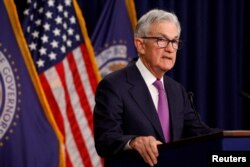 FILE - U.S. Federal Reserve Chairman Jerome Powell speaks during a press conference after the release of the Fed policy decision to leave interest rates unchanged, at the Federal Reserve in Washington, U.S, September 20, 2023.