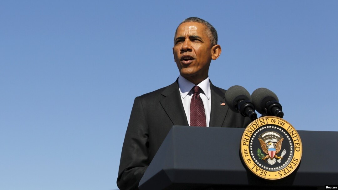 U.S. President Barack Obama delivers remarks on clean energy after a tour of a solar power array at Hill Air Force Base, Utah, April 3, 2015. 