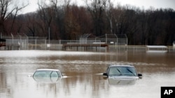 Hai chiếc xe bị ngập trong nước lũ tại một công viên ở Kimmswick, Missouri, ngày 28/12/2015.