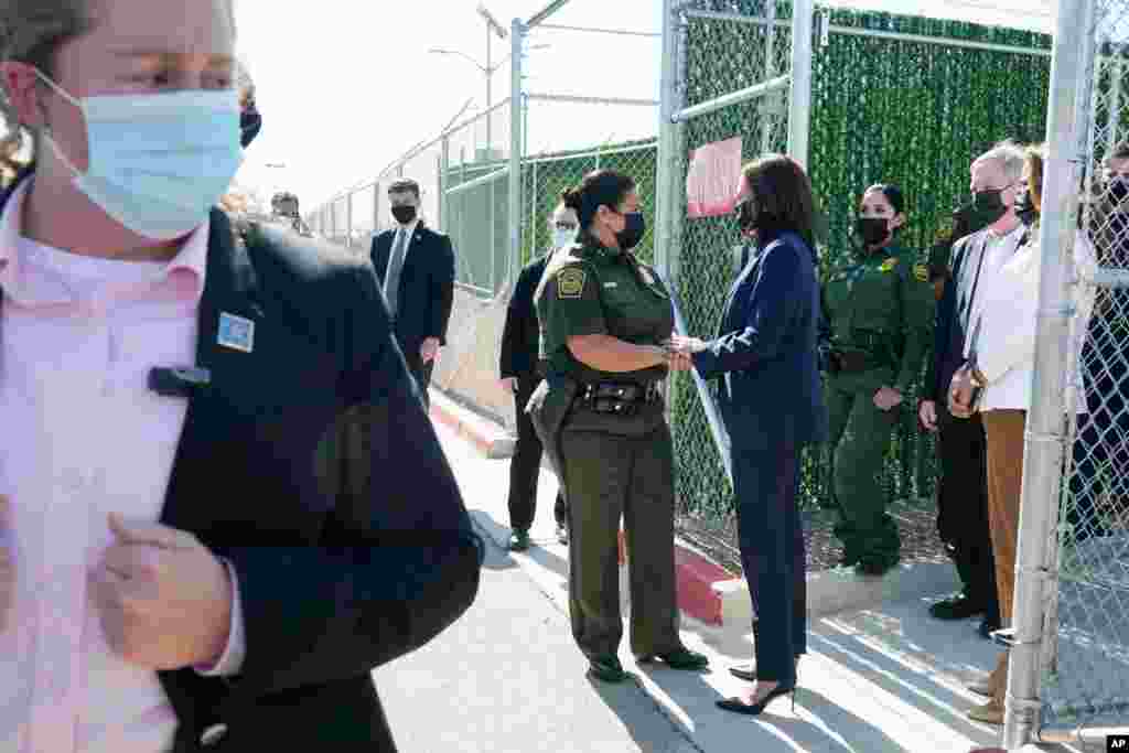 Vice President Kamala Harris talks to Gloria Chavez, Chief Patrol Agent of the El Paso Sector, as she tours the U.S. Customs and Border Protection Central Processing Center, June 25, 2021, in El Paso, Texas.