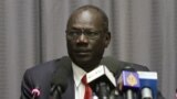 FILE - South Sudan Information Minister Michael Makuei is seen at a press conference in Addis Ababa, Ethiopia, Jan. 5, 2014.