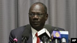 FILE - South Sudan Information Minister Michael Makuei is seen at a press conference in Addis Ababa, Ethiopia, Jan. 5, 2014.