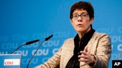 FILE - Germany's Christian Democratic party's, CDU, general secretary Annegret Kramp-Karrenbauer gives a statement in Berlin, Oct. 28, 2018.